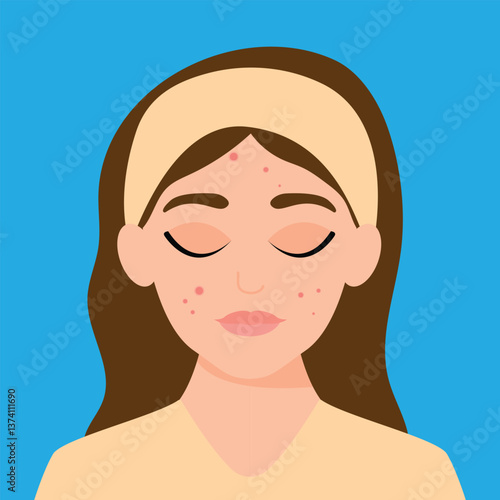 Young girl has skin problems with acne or allergic pimples on her face. Skincare and dermatology concept. Flat style vector illustration.