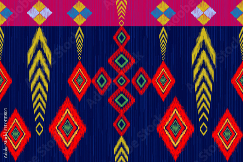 Ikat is a traditional seamless shawl or waist cloth with a red diamond pattern, yellow fins, dark red floral pattern on a dark blue background.