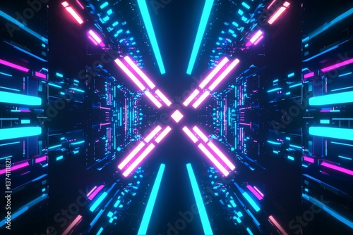 A futuristic and abstract dark background is illuminated by glowing neon lines and an array of neon shapes, with the addition of a multi-colored glow, blurry lights, and a pronounced bokeh effect,