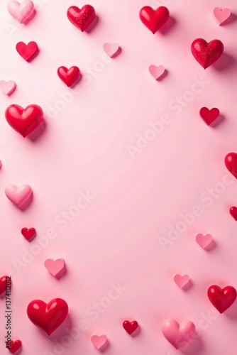 Romantic Valentine's background with various sized red and pink hearts scattered on a light pink background,  February,  holiday