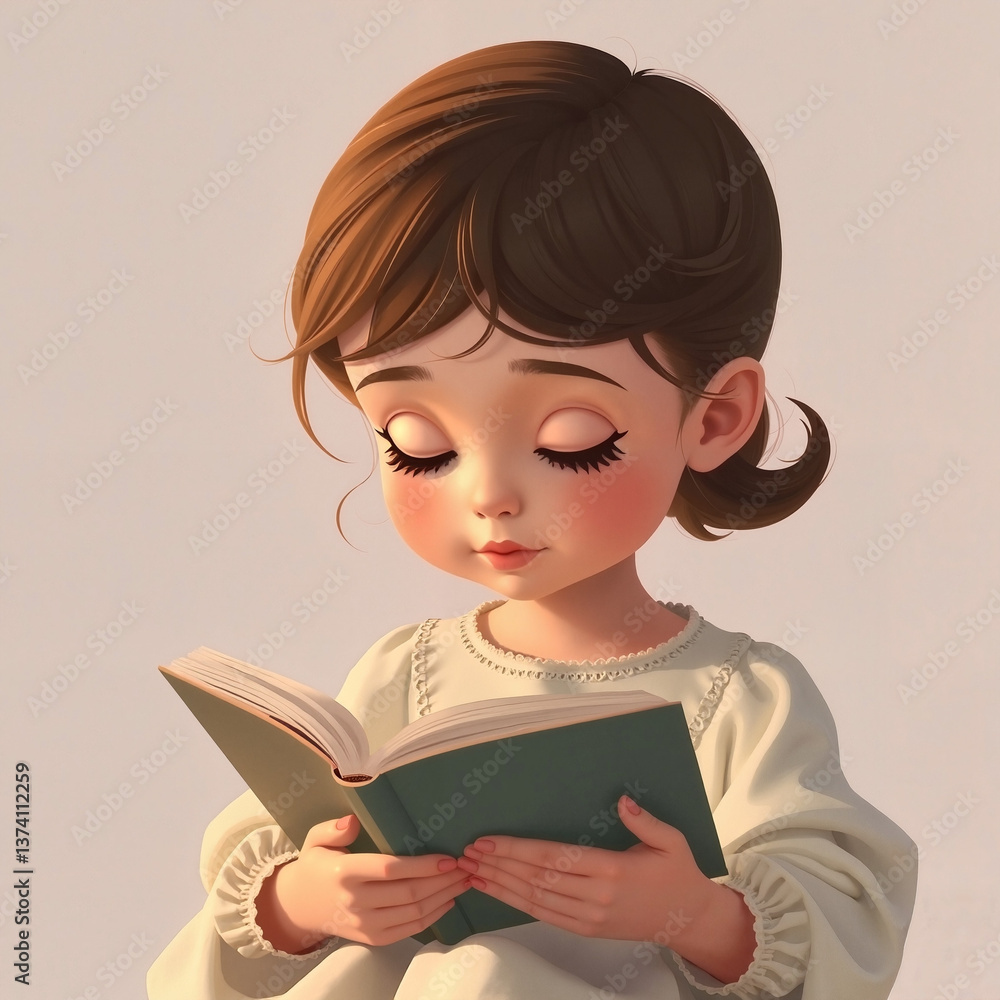 Illustration of a happy girl reading a book with a playful expression against a light pink background Illustration of a happy girl reading a book with a playful expression against a light pink background