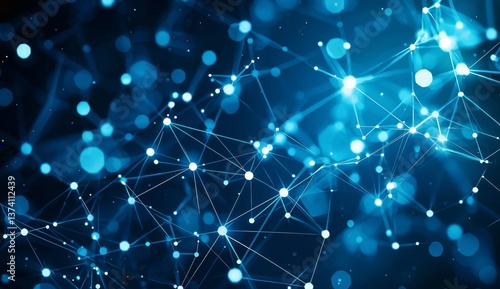 A futuristic web with neon lights and grid patterns is set against a dark background in an abstract representation of technology and geometric designs through 3D rendering