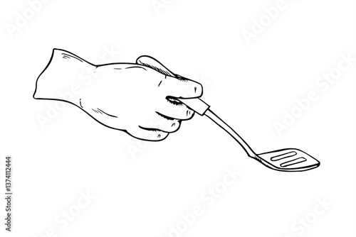 Hand holding slotted plastic or wooden spatula vector illustration. Kitchen utensil etching drawing. Handcrafted cooking tool for cooking tutorials, kitchenware packaging, recipe blogs