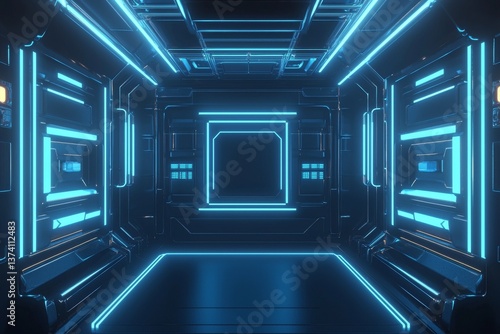This 3D rendered background showcases an abstract futuristic design with glowing neon lights and grid patterns, typically found in technology and geometric style backdrops