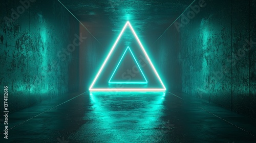 A triangular blue digital portal with vibrant lines serves as a technology background for a futuristic concept, featuring a virtual tunnel with abstract data flow