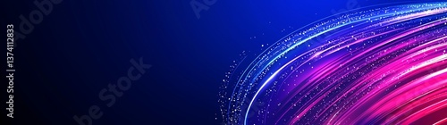 The background features an abstract blend of blue and purple hues with dynamic, futuristic elements, including vivid neon swirl lines and a notable light effect