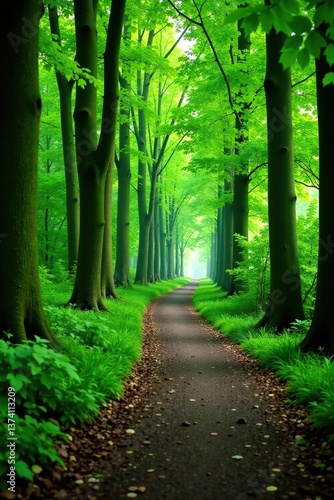 Lush green beech forest with a winding walkway creating a beautiful natural tunnel in Leuven, Belgium, perfect for eco tourism and nature lovers,  forest,  Leuven