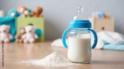 Baby bottle with milk for feeding newborns on the background of a baby room. Natural milk dry powder for babies.