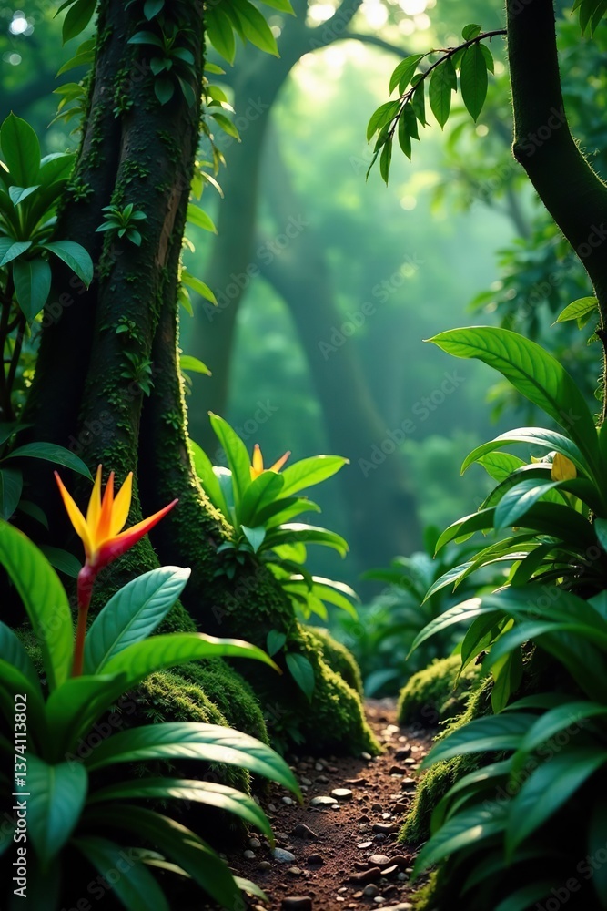 Obraz premium Lush green foliage of a tropical forest in Colombia, showcasing a variety of plant species like orchids, bromeliads, and heliconias, botanical, flora