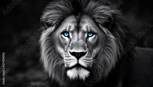 Lion Portrait with Striking Blue Eyes in Grayscale Imagery Style