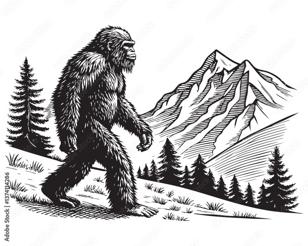 Fototapeta premium yeti mountain outdoor scene engraving vector illustration
