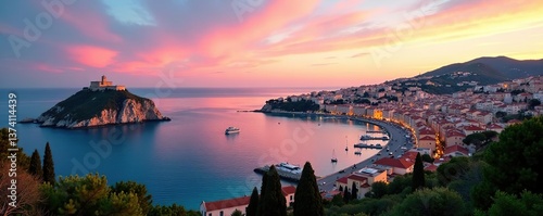 Spectacular spring cityscape of Polignano a Mare town in Puglia, Italy, colorful evening seascape of Adriatic sea,  Italy,  concept