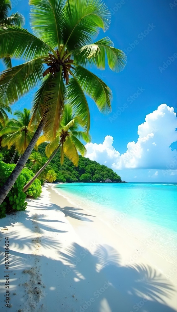 Fototapeta premium Scenic Caribbean beach with crystal clear turquoise waters, white sandy shores, and lush palm trees, palm trees, sandy shores
