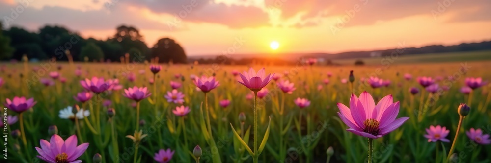 Scenic field flower meadow at sunset with pink and violet blooms in the countryside, beautiful, violet Scenic field flower meadow at sunset with pink and violet blooms in the countryside, beautiful, violet