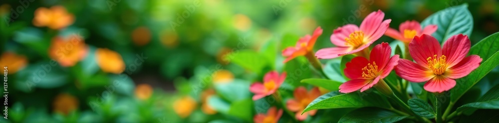 Fototapeta premium Vibrant blooming flowers and lush green foliage in Tanzania's botanical gardens, beautiful, vibrant