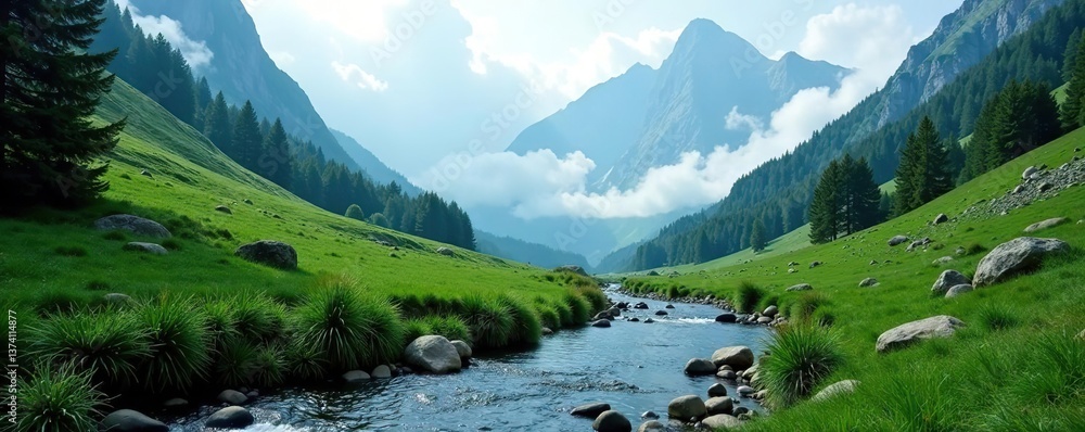 Mountain landscape with misty atmosphere, serene and tranquil scenery, lush greenery, clear water streams, majestic peaks, peaceful ambiance, water streams, greenery Mountain landscape with misty atmosphere, serene and tranquil scenery, lush greenery, clear water streams, majestic peaks, peaceful ambiance, water streams, greenery