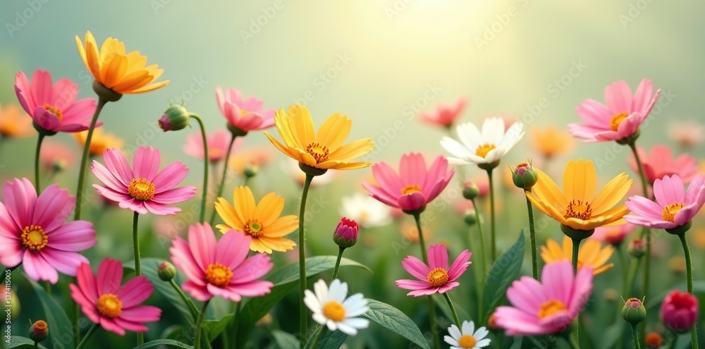 Vibrant 3D rendering of high flower blooming meadow in various shapes and colors, meadow, flower Vibrant 3D rendering of high flower blooming meadow in various shapes and colors, meadow, flower