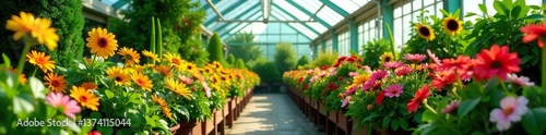 Vibrant blooms and lush greenery fill a colorful greenhouse,  abundance,  greenhouse