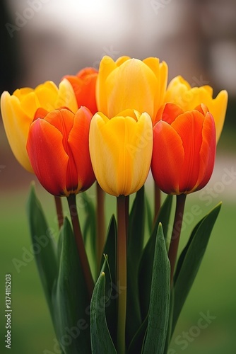 Colorful orange and yellow tulips standing upright against neutral grey background creating vibrant contrast floral visual with fresh botanical mood and springtime symbolism
