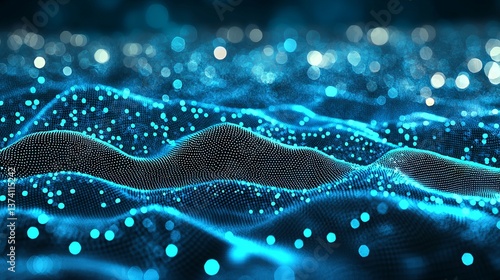 A futuristic blue background with an abstract design, representing a technological wave of information and data flow, created through 3D rendering