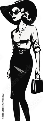 A stylish woman in a wide-brimmed hat, sunglasses, belted blouse, and pencil skirt carries a handbag in a black and white illustration.