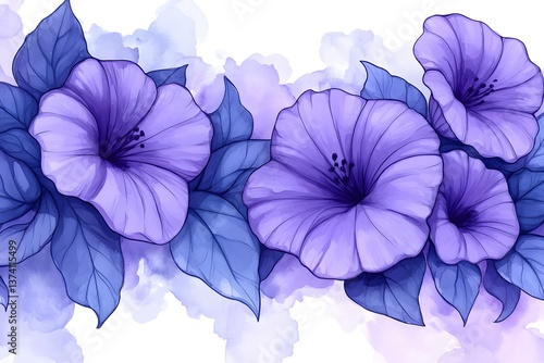 Wallpaper Mural Watercolor painting of purple flowers with blue leaves. The flowers are arranged in a line, with the center flower being the largest. The painting has a serene and calming mood, with the blue Torontodigital.ca