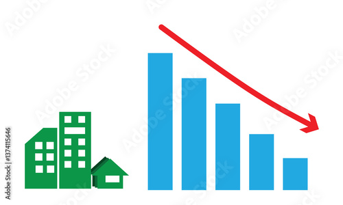A visually striking vector highlights a dropping real estate investment graph, illustrating financial downturns, economic risks, and fluctuating property values within the housing market.

