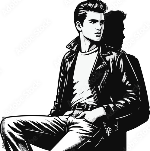 A black and white illustration shows a young man in a leather jacket and t-shirt, sitting with his hands in his pockets and a shadow behind him.
