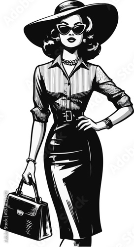 A stylish woman in a wide-brimmed hat, sunglasses, blouse, and pencil skirt carries a structured handbag in a black and white illustration.