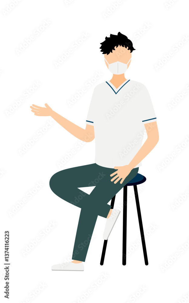 Fototapeta premium 黒髪の男性看護師が椅子に座りながら話しているシンプルなイラスト