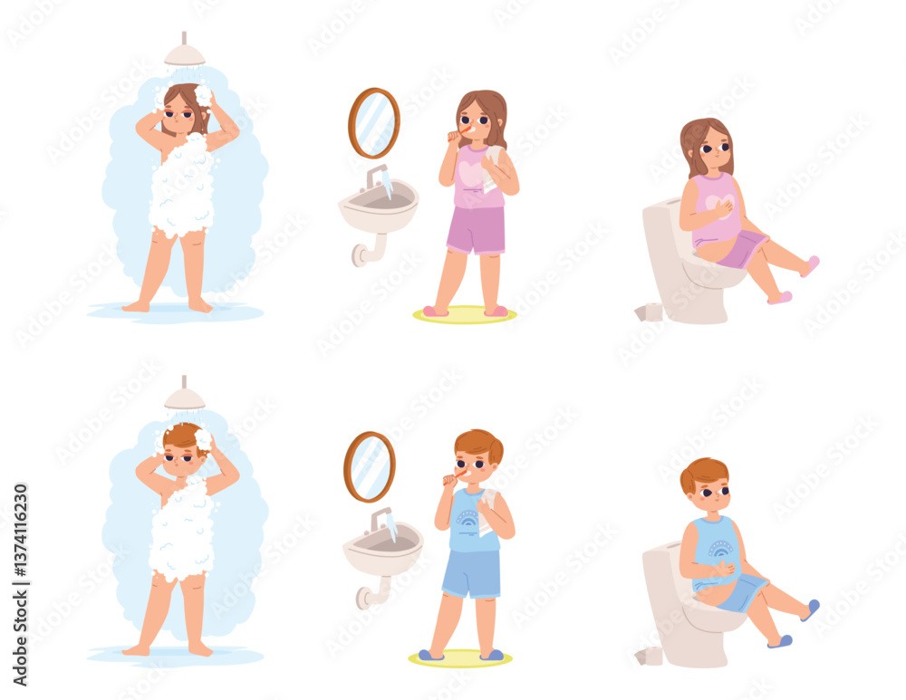 Children hygiene time. Boy and girl take a douche with shower gel, clean teeth and go to toilet. Cartoon self care and clean, independence vector characters Children hygiene time. Boy and girl take a douche with shower gel, clean teeth and go to toilet. Cartoon self care and clean, independence vector characters