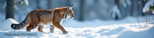Lynx exploring snowy wilderness in winter habitat,  explore,  wildlife conservation