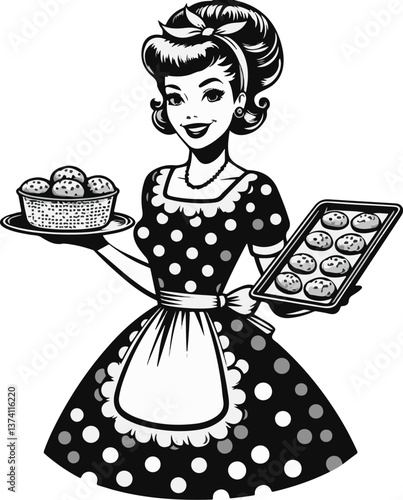 A smiling woman in a retro polka-dot dress and apron holds a bowl of meatballs and a baking sheet of cookies in a black and white illustration.