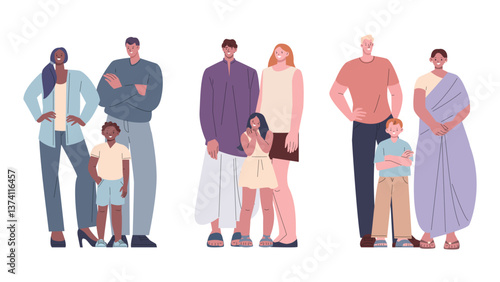 Multicultural families. Happy parents with children, african asian european characters. People in traditional outfits, international relationship vector set