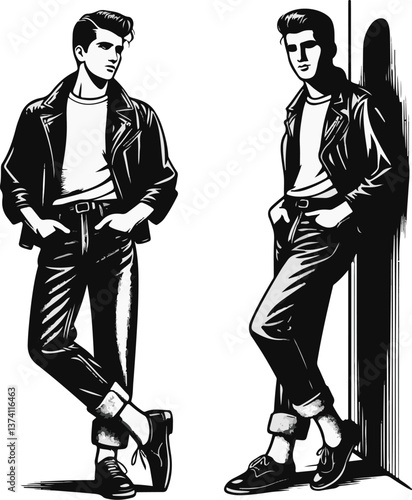 A black and white illustration shows two young men in a 1950s greaser style, wearing leather jackets, t-shirts, cuffed jeans, and loafers, in casual poses.