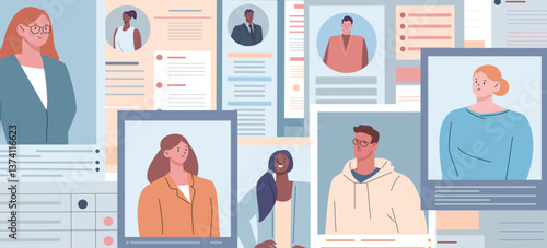 Resume of applicants concept. People find job, many different questionnaires with information and photos. Investigation of crimes, dossiers on employees, vector scene
