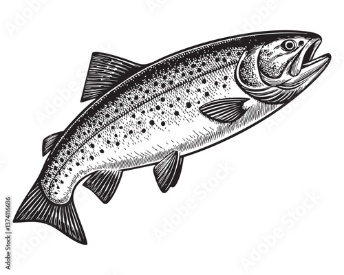 trout fish woodcut engraving vector illustration