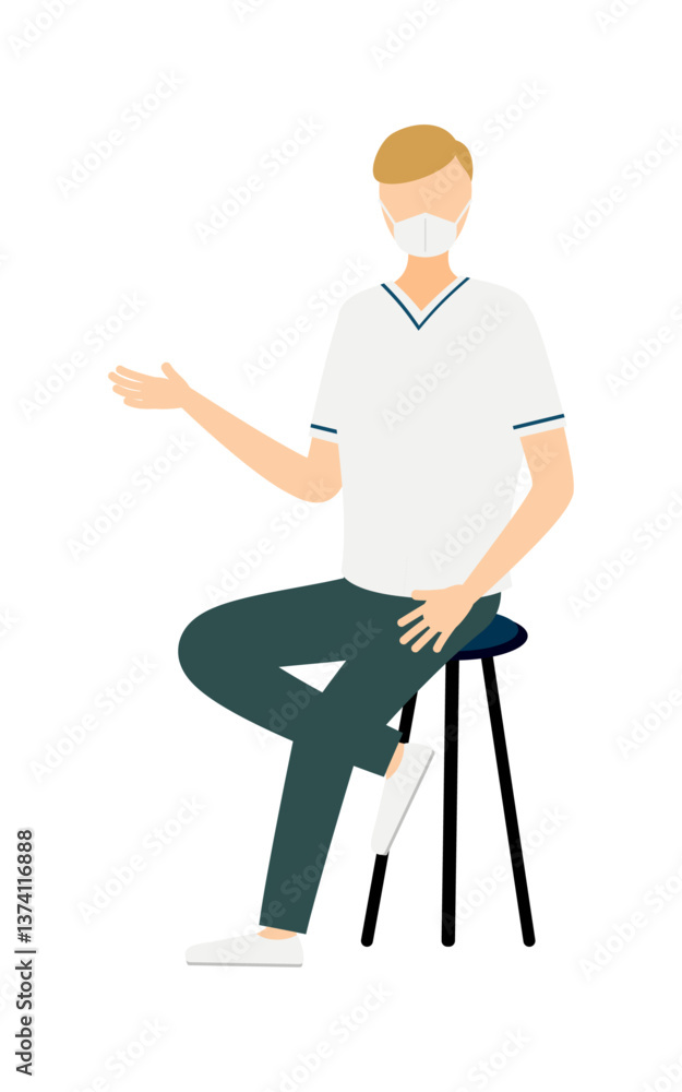 Fototapeta premium 茶色い髪の男性看護師が椅子に座りながら話しているシンプルなイラスト