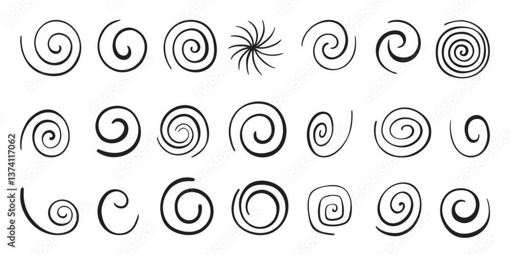 Doodle spiral set. Hand drawn spirals, isolated sketch whirlpool symbols. Different ink swirls elements, decorative neoteric vector collection Doodle spiral set. Hand drawn spirals, isolated sketch whirlpool symbols. Different ink swirls elements, decorative neoteric vector collection