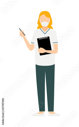 ブロンドの女性看護師が記録を取るシンプルなイラスト