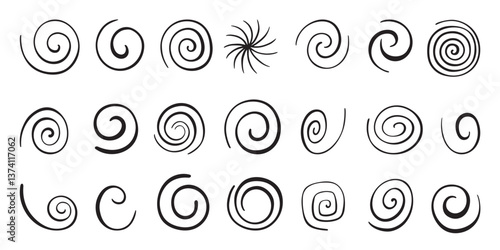 Doodle spiral set. Hand drawn spirals, isolated sketch whirlpool symbols. Different ink swirls elements, decorative neoteric vector collection