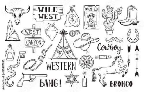 Wild west doodle. Cowboy accessories, hat and weapon. Western style elements, horse vigvam snake rope lasso. Horseshoe lucky symbol, neoteric vector set
