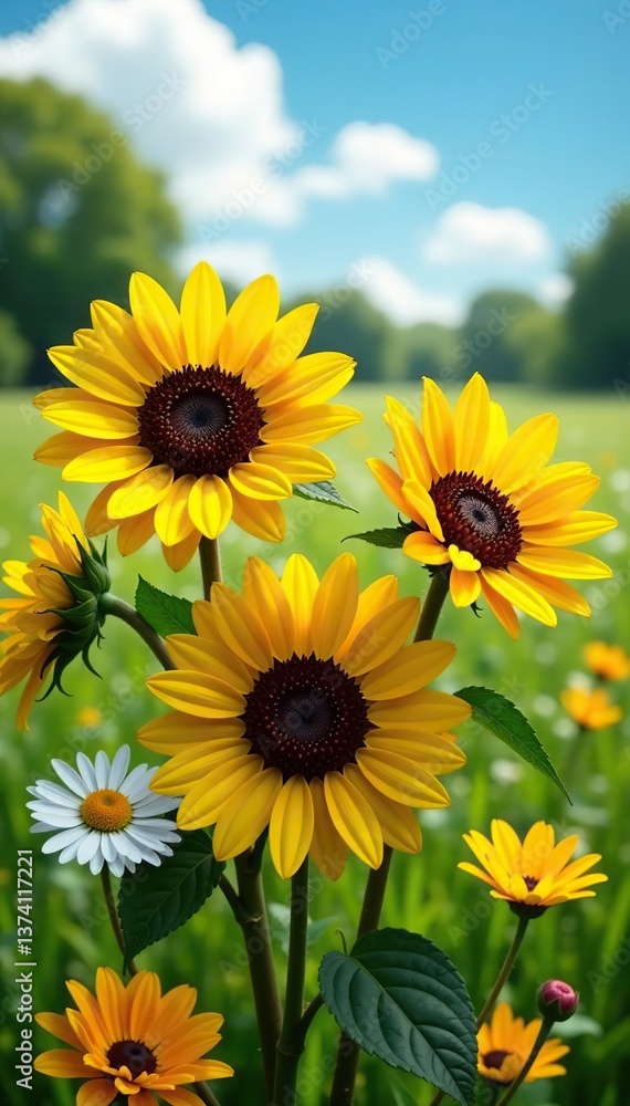 Fototapeta premium Vibrant bouquet of sunflowers, daisies, and cosmos in lush meadow setting on sunny day, daisies, blooming
