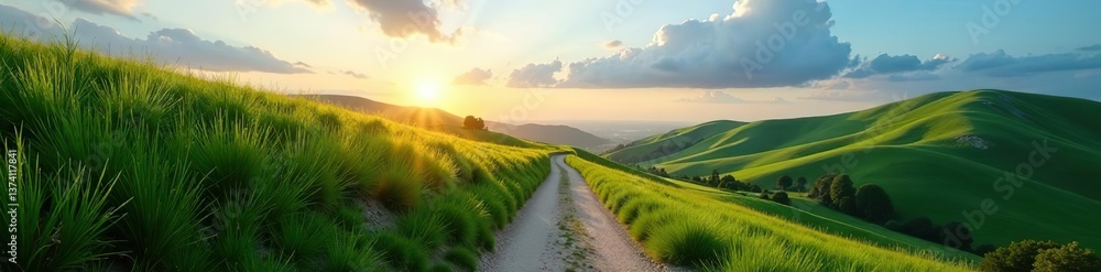 Scenic winding path in lush grassy hills at dawn under blue skies with clouds, hilly area, dawn Scenic winding path in lush grassy hills at dawn under blue skies with clouds, hilly area, dawn