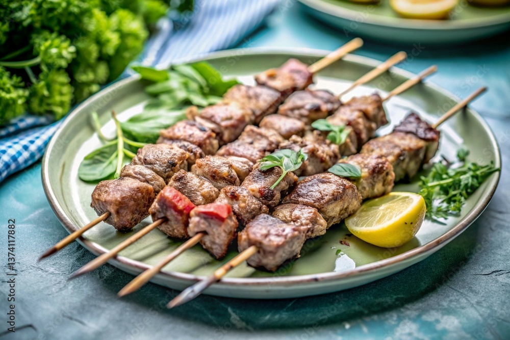 Juicy grilled meat skewers, perfectly charred, served on a black background for a bold, appetizing look Juicy grilled meat skewers, perfectly charred, served on a black background for a bold, appetizing look