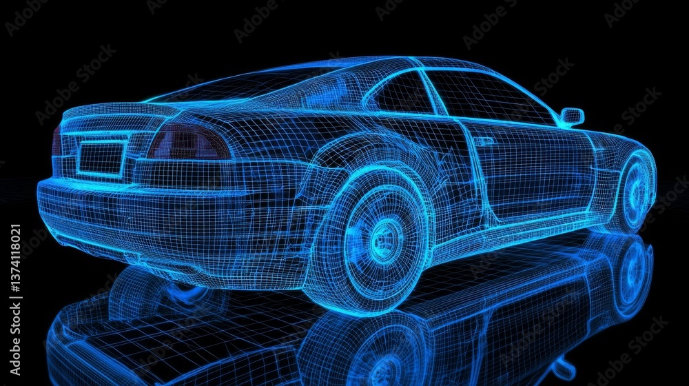 A futuristic show of luxury supercar blueprint is presented through 3D rendering illustration with glowing neon hologram for technology security in premium product business finance A futuristic show of luxury supercar blueprint is presented through 3D rendering illustration with glowing neon hologram for technology security in premium product business finance