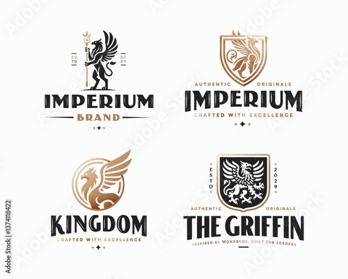 Royal kingdom imperium gold griffin, Winged lion logo template for business