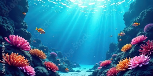 Vibrant and colorful anime style underwater scene with coral reefs, tropical fish, and swirling ocean currents,  vibrant, anime