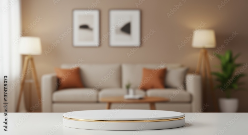 Minimalist product display podium with blurred living room interior background Minimalist product display podium with blurred living room interior background