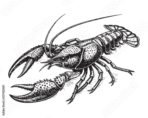 crayfish woodcut engraving vector illustration